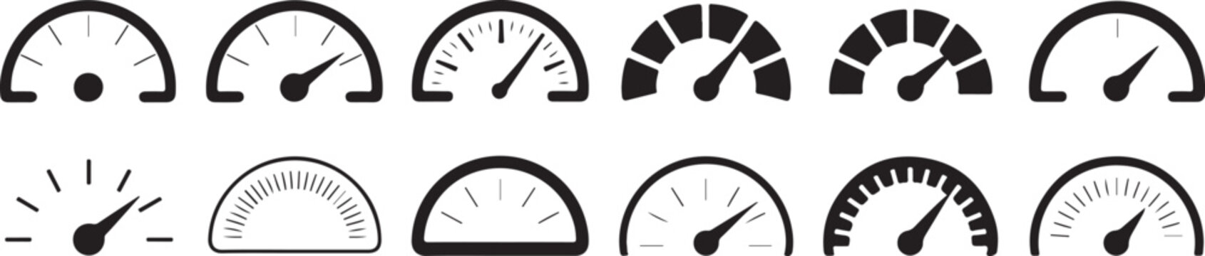 Assortment of speedometer and dashboard gauge icons showing performance levels for automotive or digital measurement interface.
