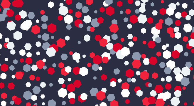 Abstract dark background with scattered red grey and white hexagon shapes pattern.