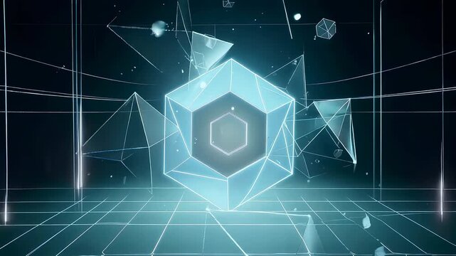 Glowing cube with geometric fragments in cyberspace. Futuristic light mesh structure floating in dark digital environment. Advanced data stream abstraction concept.
