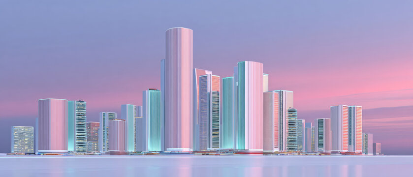 A futuristic city skyline with skyscrapers glowing in neon colors at dusk or dawn, rendered as a computer-generated image