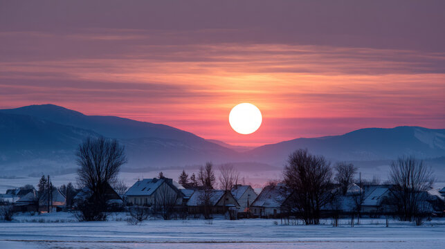 Beautiful view of winter landscape cold frosty day among mountains and warm cozy house in modern style. Rest, vacation, winter holidays away from city bustle. Relaxation and peace, winter background