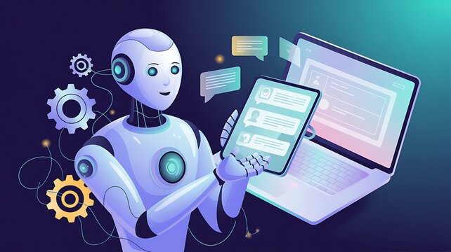 AI coding assistant for software development concept. Machine Learning Code, Programmer use laptop with code and AI robot represent artificial intelligence, AI programming, software development tools