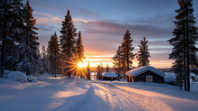 Beautiful view of winter landscape cold frosty day among mountains and warm cozy house in modern style. Rest, vacation, winter holidays away from city bustle. Relaxation and peace, winter background