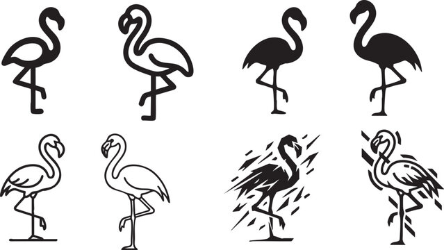 Collection of various flamingo illustrations in different styles and poses, 8 flamingoes silhouettes