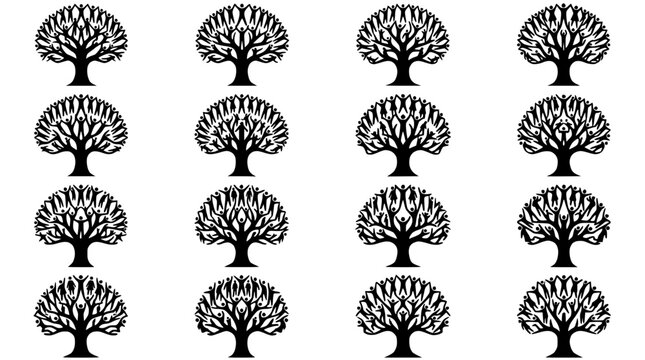 Pattern of stylized black trees with human-like branches on white background
