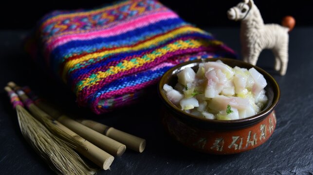 ceviche. Peruvian Independence Day bundle: ceviche, wool textiles, llama figurine, and pan flute on slate surface. event programs.
