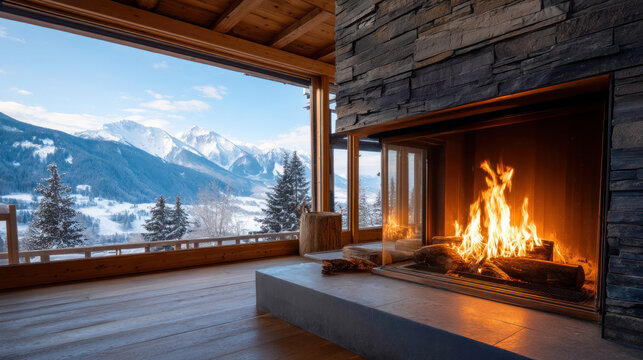 Beautiful view of winter landscape cold frosty day among mountains and warm cozy house in modern style. Rest, vacation, winter holidays away from city bustle. Relaxation and peace, winter background