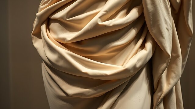 The lower torso of a classical marble statue draped with folded fabric.