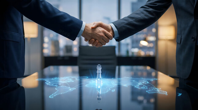 Two business professionals shaking hands over a digital map and chess piece representing international strategy.