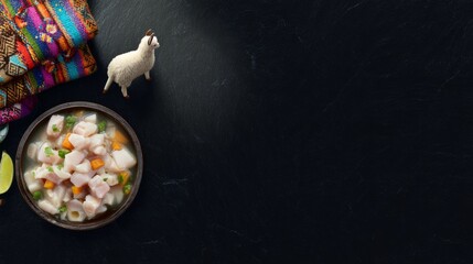Obraz premium ceviche. Peruvian Independence Day bundle: ceviche, wool textiles, llama figurine, and pan flute on slate surface. event programs. 