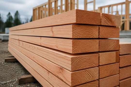 Stack of fresh Douglas fir lumber highlighting the wood's warm grain.