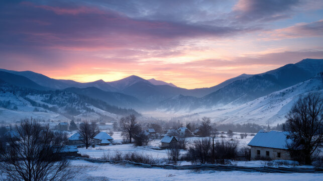 Beautiful view of winter landscape cold frosty day among mountains and warm cozy house in modern style. Rest, vacation, winter holidays away from city bustle. Relaxation and peace, winter background