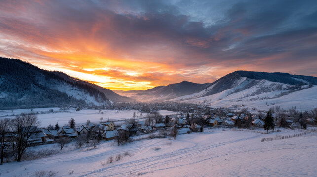 Beautiful view of winter landscape cold frosty day among mountains and warm cozy house in modern style. Rest, vacation, winter holidays away from city bustle. Relaxation and peace, winter background