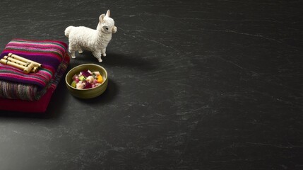 Obraz premium ceviche. Peruvian Independence Day bundle: ceviche, wool textiles, llama figurine, and pan flute on slate surface. event programs. 