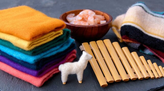 ceviche. Peruvian Independence Day bundle: ceviche, wool textiles, llama figurine, and pan flute on slate surface. event programs.
