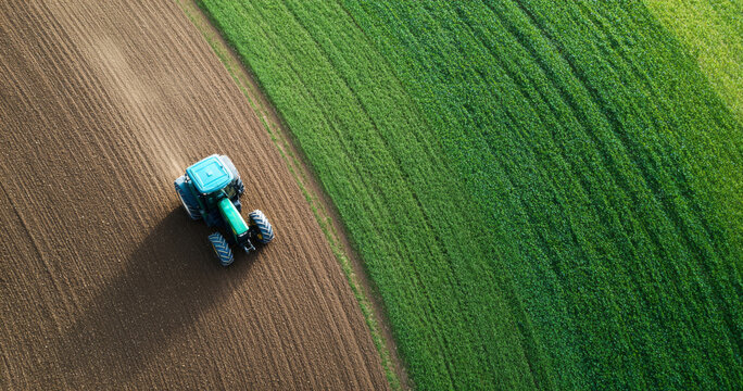 Aerial view of tractor plowing farmland