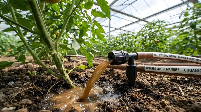 Modern Drip Irrigation Emitter Supplying Liquid Organic Nutrients to Tomato Plants in a Greenhouse Setting.
