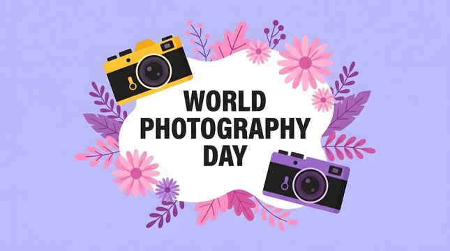 World photography day celebration with colorful florals and cameras