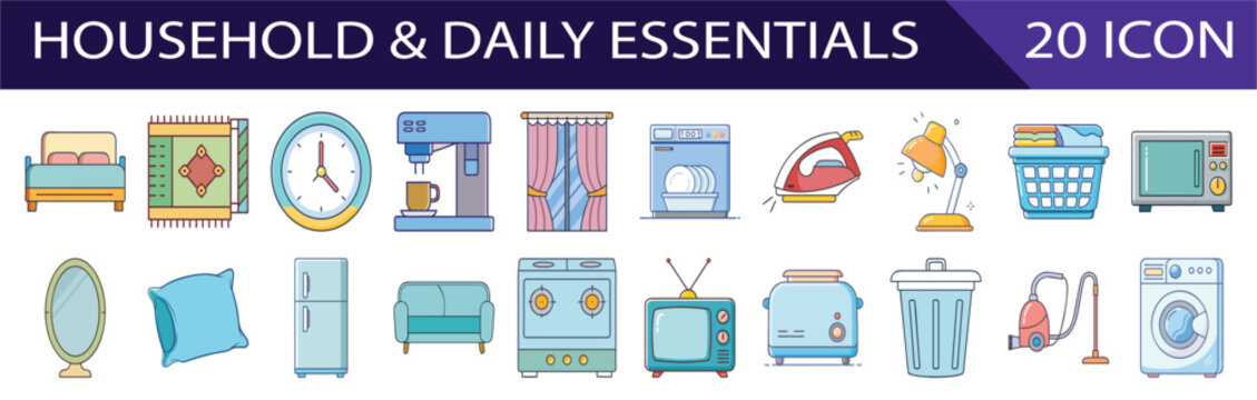 Collection of Household and Daily Essentials Flat Design Icons in Vibrant Colors