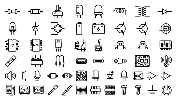 electronics, electrical, circuit, engineering, resistor, capacitor, inductor, diode, led, transistor, relay, switch, pcb, microchip, microcontroller, connector, sensor, battery, soldering, vector, ill