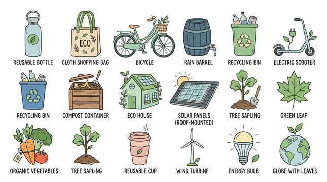 Eco friendly objects and symbols.