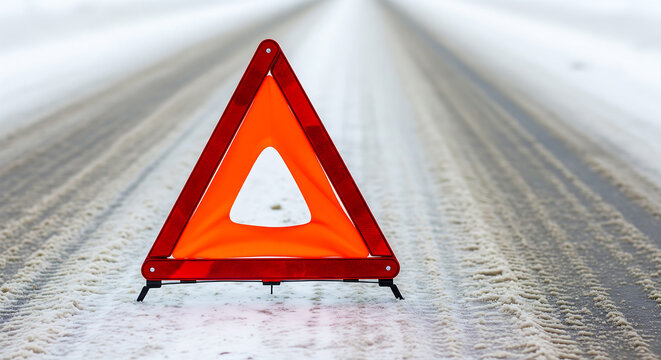 Close-up of bright orange warning triangle on snow-covered road with tire tracks, concept for driving safety, accident prevention, and winter travel advertising