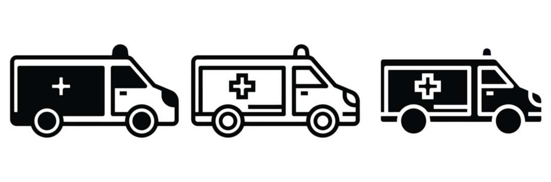 Ambulance car vector icon set for medical emergency rescue service, hospital healthcare transportation vehicle symbol in flat outline and glyph style illustration isolated on white background.