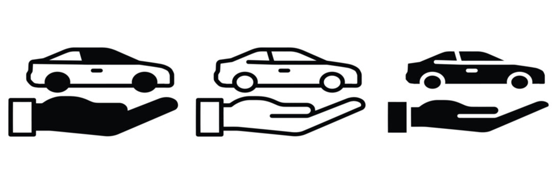 Car insurance and protection vector icon set, hand holding automobile symbol for vehicle safety assurance, car rental and dealership service in flat outline and glyph style illustration isolated on wh