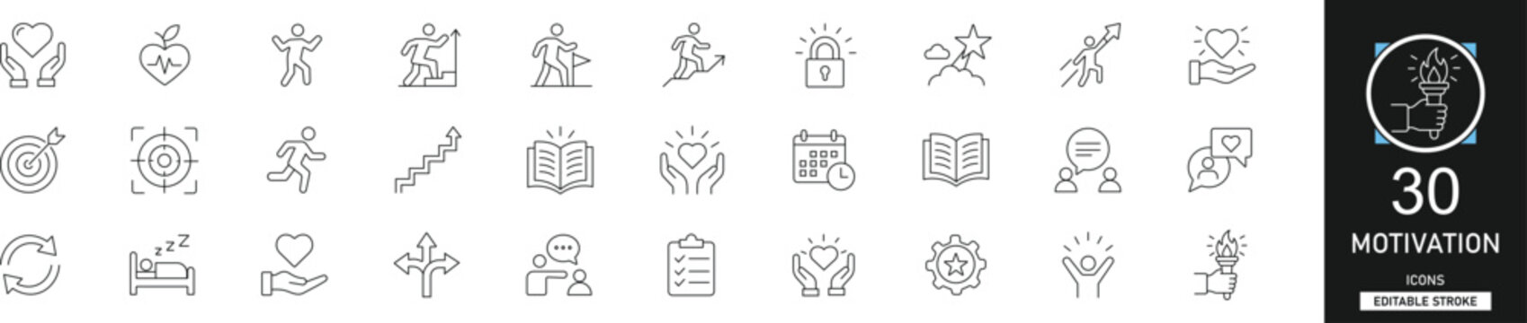 Motivation and success line icon set with 30 icons goal, vision, inspiration, personal growth, achievement, potential, mindset. Clean linear vector, editable stroke.