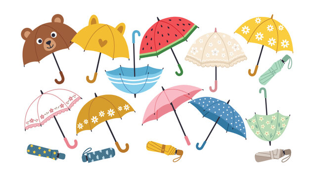 Cute umbrella transparent umbrella vector set, colorful rainy day parasol collection, patterned autumn and spring weather protection, different isolated accessories icons.