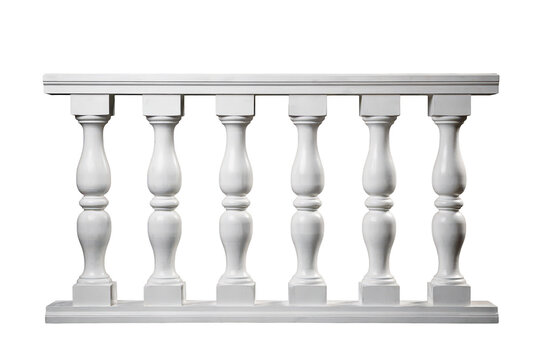 Classic white stone balustrade railing with six turned balusters, architectural structural isolated on a plain white background