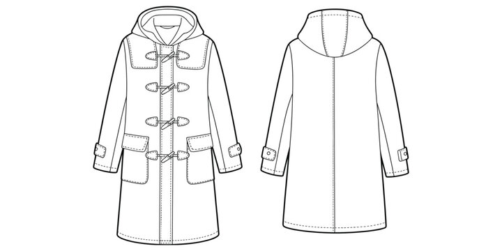 Hooded duffle coat technical fashion sketch, front and back view, apparel design vector, clothing construction drawing, stylish garment illustration, flat vector illustration