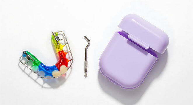 Colorful orthodontic retainer and dental tool with lavender case on white background, concept for dental care, orthodontics and oral hygiene products