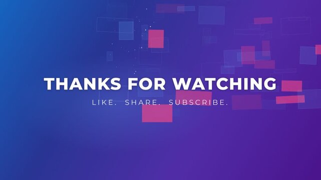 Modern video conclusion screen encouraging audience engagement with clear calls to action, set against an abstract geometric background