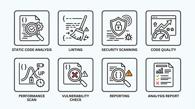 RJ_346GOM_VF illustrates a comprehensive code review process with static code analysis, security scanning, performance scan, vulnerability check, and reporting.
