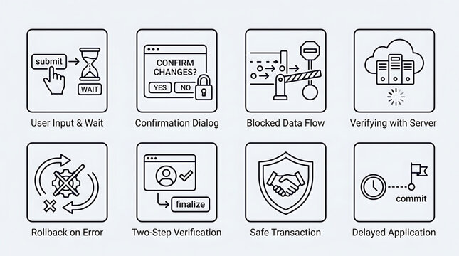 Eight icons illustrate steps in a secure online transaction process with verification and error handling