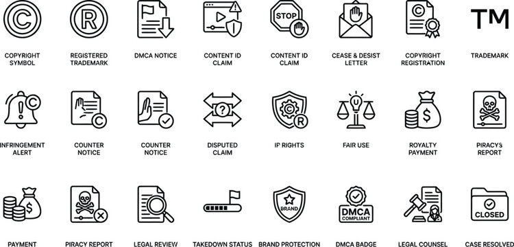 Vector line icon set of copyright law DMCA takedown notice intellectual property protection piracy report content ID claim and legal enforcement widgets