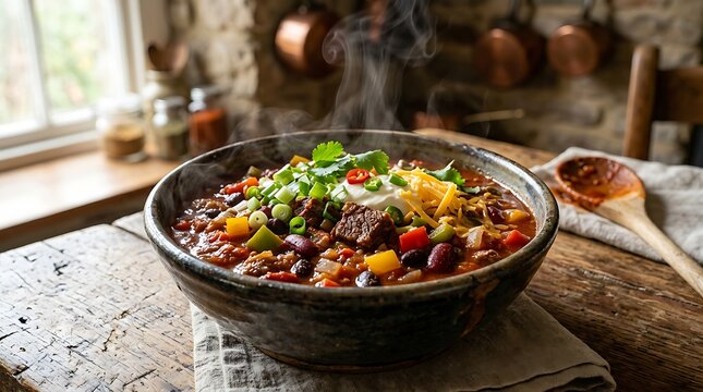 A bowl of hot delicious chili con carne with beans vegetables and sour cream in a rustic kitchen. hot dish challenge