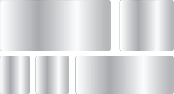 Set of silver metallic banners, glossy chrome plates, brushed metal rectangles, shiny steel labels, polished silver frames, vector illustration