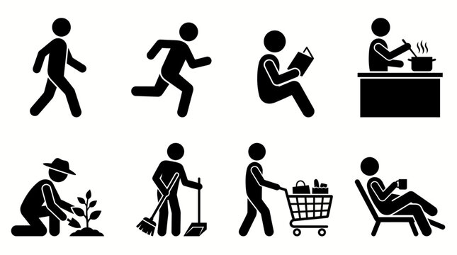 Collection of diverse stick figure icons representing common daily human activities and routines, encompassing work, exercise, chores, leisure, and personal hobbies