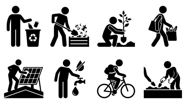 Set of Eco-Friendly Lifestyle Icons Featuring Sustainable Living Activities and Environmental Conservation Practices for Green Energy and Waste Management