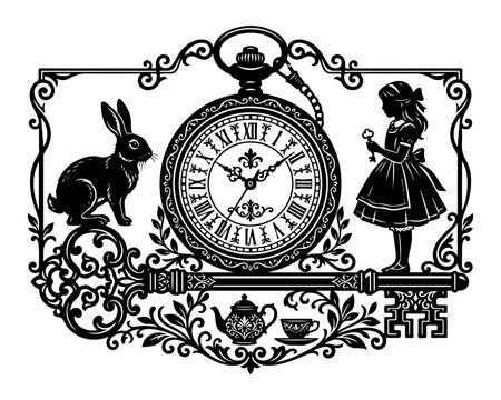 Alice in Wonderland Silhouette Illustration with Clock and Key