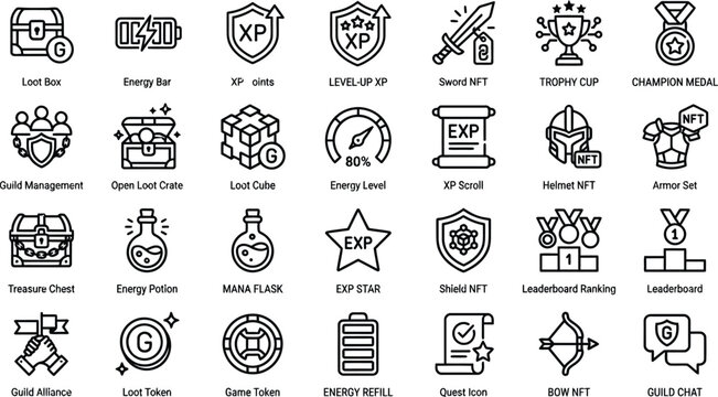 Vector line icon set of web3 crypto gaming loot boxes level up experience points game token rewards and decentralized inventory armor widgets