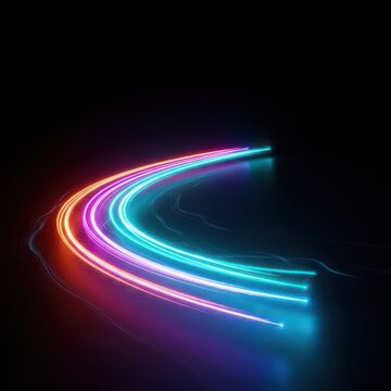 Abstract representation of a dynamic, glowing curved path tracing a perfect arc against a dark background, symbolizing trajectory and flow, parabola, geometry, path