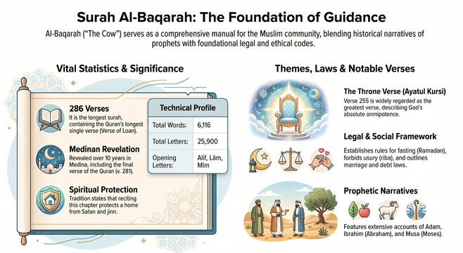Educational infographic exploring Surah Al-Baqarah, its themes, structure, key teachings, historical context and guidance.
