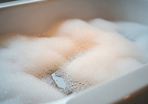 Close up shot of luxurious white bubbles covering the surface of warm water in a ceramic tub, emphasizing relaxation time and personal hygiene, comforting, sanitation, selfcare