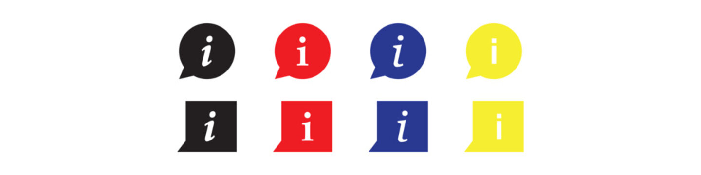  Information Icon Set &ndash; black, blue, red, yellow Info Symbol in Speech Bubble Circle and Square Shape. Perfect for customer support, FAQ, and documentation.