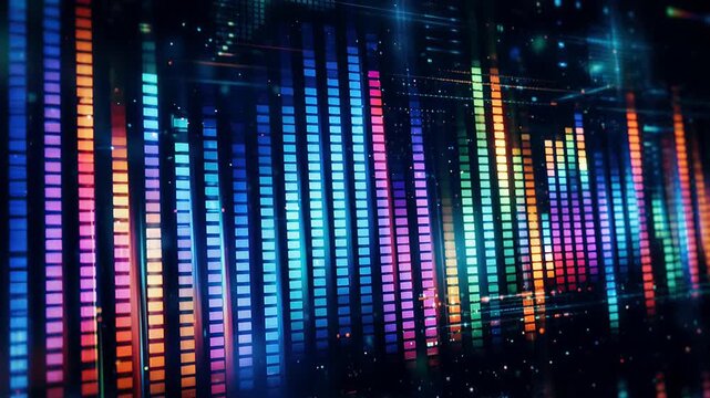 Glowing digital sound equalizer bars oscillating on a black background. Abstract music visualizer showing rhythmic data flow and pulse in dark cyberspace tech field.