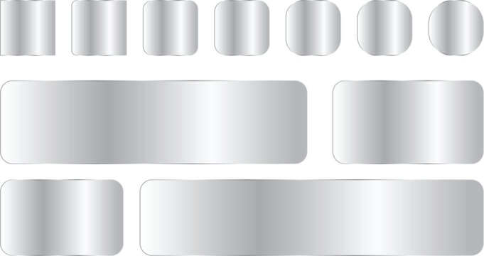 Set of metallic silver buttons and banners with rounded corners, glossy chrome texture, realistic metal plates for web design and user interface elements