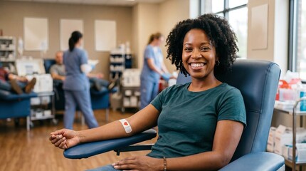 Smiling Black Woman Sitting in Blood Donation Chair with Bandaged Arm After Donating Blood